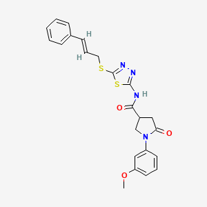 molecular formula C23H22N4O3S2 B2361870 (E)-N-(5-(cinnamylthio)-1,3,4-thiadiazol-2-yl)-1-(3-methoxyphenyl)-5-oxopyrrolidine-3-carboxamide CAS No. 1321749-62-5