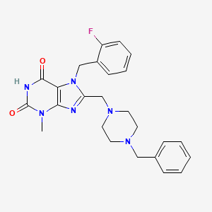 molecular formula C25H27FN6O2 B2361899 8-((4-benzylpiperazin-1-yl)methyl)-7-(2-fluorobenzyl)-3-methyl-1H-purine-2,6(3H,7H)-dione CAS No. 862979-63-3