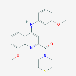 molecular formula C22H23N3O3S B2361976 (8-甲氧基-4-((3-甲氧基苯基)氨基)喹啉-2-基)(硫代吗啉)甲酮 CAS No. 1251679-35-2