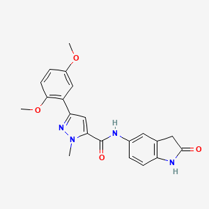 molecular formula C21H20N4O4 B2361982 3-(2,5-二甲氧基苯基)-1-甲基-N-(2-氧代吲哚啉-5-基)-1H-吡唑-5-甲酰胺 CAS No. 1396750-02-9