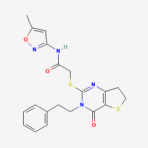 molecular formula C20H20N4O3S2 B2361997 N-(5-methylisoxazol-3-yl)-2-((4-oxo-3-phenethyl-3,4,6,7-tetrahydrothieno[3,2-d]pyrimidin-2-yl)thio)acetamide CAS No. 877652-71-6