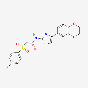 molecular formula C19H15FN2O5S2 B2362137 N-(4-(2,3-dihydrobenzo[b][1,4]dioxin-6-yl)thiazol-2-yl)-2-((4-fluorophenyl)sulfonyl)acetamide CAS No. 895474-19-8