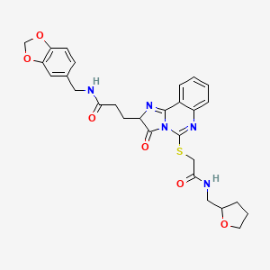 molecular formula C28H29N5O6S B2362160 N-(1,3-benzodioxol-5-ylmethyl)-3-[3-oxo-5-({2-oxo-2-[(tetrahydrofuran-2-ylmethyl)amino]ethyl}thio)-2,3-dihydroimidazo[1,2-c]quinazolin-2-yl]propanamide CAS No. 1219183-99-9