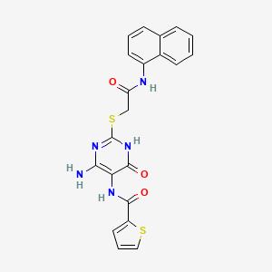 molecular formula C21H17N5O3S2 B2362286 N-(4-amino-2-((2-(naphthalen-1-ylamino)-2-oxoethyl)thio)-6-oxo-1,6-dihydropyrimidin-5-yl)thiophene-2-carboxamide CAS No. 868225-40-5