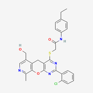 molecular formula C28H25ClN4O3S B2362303 2-((2-(2-chlorophenyl)-6-(hydroxymethyl)-9-methyl-5H-pyrido[4',3':5,6]pyrano[2,3-d]pyrimidin-4-yl)thio)-N-(4-ethylphenyl)acetamide CAS No. 892382-78-4