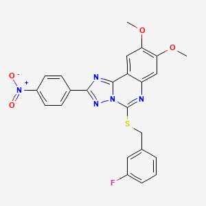 molecular formula C24H18FN5O4S B2362473 5-[(3-Fluorobenzyl)thio]-8,9-dimethoxy-2-(4-nitrophenyl)[1,2,4]triazolo[1,5-c]quinazoline CAS No. 901736-61-6