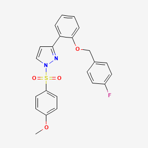 molecular formula C23H19FN2O4S B2362496 3-{2-[(4-氟苄基)氧基]苯基}-1-[(4-甲氧基苯基)磺酰基]-1H-吡唑 CAS No. 477713-49-8