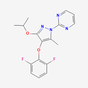 molecular formula C17H16F2N4O2 B2362504 CC(C)Oc1nn(c(C)c1Oc2c(F)cccc2F)c3ncccn3 CAS No. 1644156-94-4