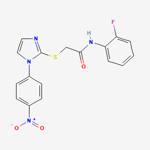 molecular formula C17H13FN4O3S B2362523 N-(2-fluorophenyl)-2-((1-(4-nitrophenyl)-1H-imidazol-2-yl)thio)acetamide CAS No. 851079-41-9