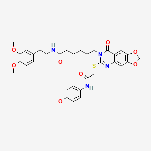 molecular formula C34H38N4O8S B2362544 N-(3,4-二甲氧基苯乙基)-6-(6-((2-((4-甲氧基苯基)氨基)-2-氧代乙基)硫)-8-氧代-[1,3]二氧杂环[4,5-g]喹唑啉-7(8H)-基)己酰胺 CAS No. 688061-74-7