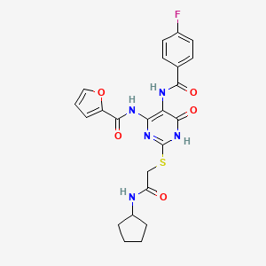 N-(2-((2-(cyclopentylamino)-2-oxoethyl)thio)-5-(4-fluorobenzamido)-6-oxo-1,6-dihydropyrimidin-4-yl)furan-2-carboxamide