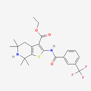 molecular formula C22H25F3N2O3S B2362605 Ethyl 5,5,7,7-tetramethyl-2-[[3-(trifluoromethyl)benzoyl]amino]-4,6-dihydrothieno[2,3-c]pyridine-3-carboxylate CAS No. 887901-81-7