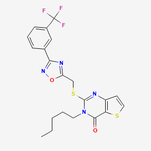 molecular formula C21H19F3N4O2S2 B2362607 3-pentyl-2-(((3-(3-(trifluoromethyl)phenyl)-1,2,4-oxadiazol-5-yl)methyl)thio)thieno[3,2-d]pyrimidin-4(3H)-one CAS No. 1223940-20-2
