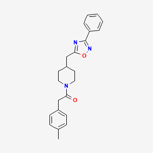 molecular formula C23H25N3O2 B2362764 1-[(4-Methylphenyl)acetyl]-4-[(3-phenyl-1,2,4-oxadiazol-5-yl)methyl]piperidine CAS No. 1775377-17-7
