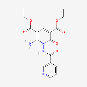 molecular formula C17H18N4O6 B2362789 Diethyl 6-amino-2-oxo-1-[(3-pyridinylcarbonyl)amino]-1,2-dihydro-3,5-pyridinedicarboxylate CAS No. 338794-84-6