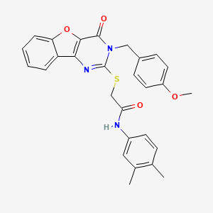 N-(3,4-dimethylphenyl)-2-({5-[(4-methoxyphenyl)methyl]-6-oxo-8-oxa-3,5-diazatricyclo[7.4.0.0^{2,7}]trideca-1(9),2(7),3,10,12-pentaen-4-yl}sulfanyl)acetamide