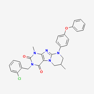 molecular formula C29H26ClN5O3 B2362944 3-[(2-chlorophenyl)methyl]-1,7-dimethyl-9-(4-phenoxyphenyl)-7,8-dihydro-6H-purino[7,8-a]pyrimidine-2,4-dione CAS No. 877789-08-7