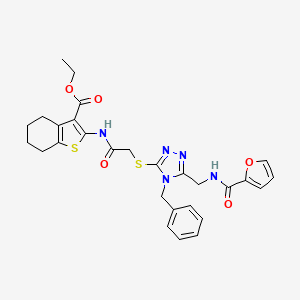 molecular formula C28H29N5O5S2 B2363055 Ethyl 2-[[2-[[4-benzyl-5-[(furan-2-carbonylamino)methyl]-1,2,4-triazol-3-yl]sulfanyl]acetyl]amino]-4,5,6,7-tetrahydro-1-benzothiophene-3-carboxylate CAS No. 393806-30-9