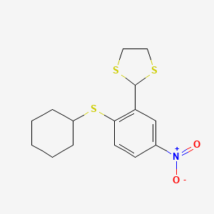 molecular formula C15H19NO2S3 B2363084 2-[2-(Cyclohexylsulfanyl)-5-nitrophenyl]-1,3-dithiolane CAS No. 328263-20-3