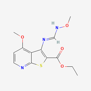 molecular formula C13H15N3O4S B2363119 Ethyl 4-methoxy-3-{[(methoxyimino)methyl]amino}thieno[2,3-b]pyridine-2-carboxylate CAS No. 341966-62-9