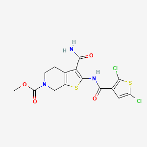 molecular formula C15H13Cl2N3O4S2 B2363146 3-氨基甲酰基-2-(2,5-二氯噻吩-3-甲酰胺基)-4,5-二氢噻吩并[2,3-c]吡啶-6(7H)-甲酸甲酯 CAS No. 886952-00-7