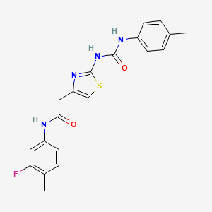 molecular formula C20H19FN4O2S B2363158 N-(3-氟-4-甲基苯基)-2-(2-(3-(对甲苯基)脲基)噻唑-4-基)乙酰胺 CAS No. 921465-88-5