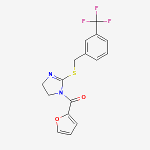 molecular formula C16H13F3N2O2S B2363199 furan-2-yl(2-((3-(trifluoromethyl)benzyl)thio)-4,5-dihydro-1H-imidazol-1-yl)methanone CAS No. 851805-87-3
