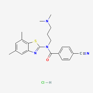 molecular formula C22H25ClN4OS B2363288 4-cyano-N-(3-(dimethylamino)propyl)-N-(5,7-dimethylbenzo[d]thiazol-2-yl)benzamide hydrochloride CAS No. 1215328-00-9