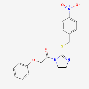 molecular formula C18H17N3O4S B2363294 1-(2-((4-nitrobenzyl)thio)-4,5-dihydro-1H-imidazol-1-yl)-2-phenoxyethanone CAS No. 851802-44-3