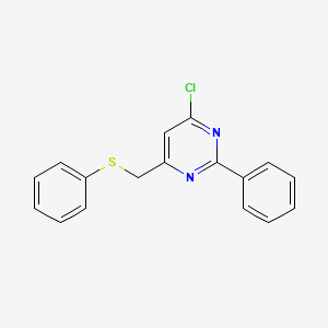 molecular formula C17H13ClN2S B2363388 4-Chloro-2-phenyl-6-[(phenylsulfanyl)methyl]pyrimidine CAS No. 339103-91-2