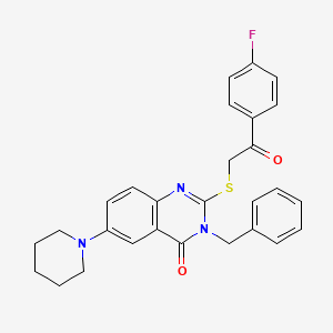 molecular formula C28H26FN3O2S B2363409 3-Benzyl-2-[2-(4-fluorophenyl)-2-oxoethyl]sulfanyl-6-piperidin-1-ylquinazolin-4-one CAS No. 689227-95-0