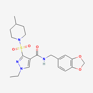 molecular formula C20H26N4O5S B2363421 N-(benzo[d][1,3]dioxol-5-ylmethyl)-1-ethyl-3-((4-methylpiperidin-1-yl)sulfonyl)-1H-pyrazole-4-carboxamide CAS No. 1251620-55-9