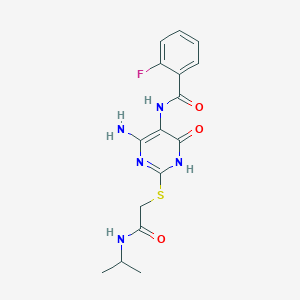 molecular formula C16H18FN5O3S B2363474 N-(4-氨基-2-((2-(异丙氨基)-2-氧代乙基)硫代)-6-氧代-1,6-二氢嘧啶-5-基)-2-氟苯甲酰胺 CAS No. 872597-18-7