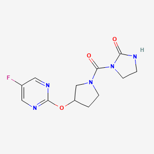 molecular formula C12H14FN5O3 B2363487 1-(3-((5-Fluoropyrimidin-2-yl)oxy)pyrrolidine-1-carbonyl)imidazolidin-2-one CAS No. 2034579-34-3