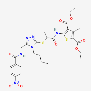 molecular formula C28H34N6O8S2 B2363516 diethyl 5-(2-((4-butyl-5-((4-nitrobenzamido)methyl)-4H-1,2,4-triazol-3-yl)thio)propanamido)-3-methylthiophene-2,4-dicarboxylate CAS No. 393814-99-8