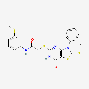 molecular formula C21H18N4O2S4 B2363584 2-{[3-(2-methylphenyl)-7-oxo-2-thioxo-2,3,6,7-tetrahydro[1,3]thiazolo[4,5-d]pyrimidin-5-yl]thio}-N-[3-(methylthio)phenyl]acetamide CAS No. 1021215-56-4