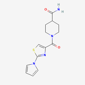 molecular formula C14H16N4O2S B2363627 1-(2-(1H-pyrrol-1-yl)thiazole-4-carbonyl)piperidine-4-carboxamide CAS No. 1251706-19-0