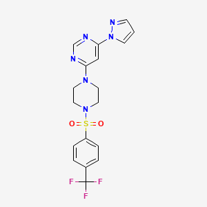 molecular formula C18H17F3N6O2S B2363630 4-(1H-pyrazol-1-yl)-6-(4-((4-(trifluoromethyl)phenyl)sulfonyl)piperazin-1-yl)pyrimidine CAS No. 1171686-65-9