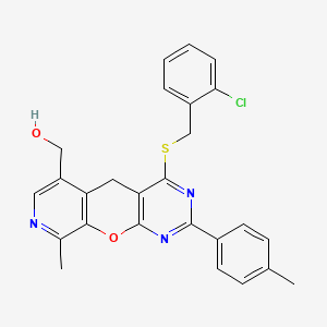 molecular formula C26H22ClN3O2S B2363670 (7-{[(2-Chlorophenyl)methyl]sulfanyl}-14-methyl-5-(4-methylphenyl)-2-oxa-4,6,13-triazatricyclo[8.4.0.0^{3,8}]tetradeca-1(10),3(8),4,6,11,13-hexaen-11-yl)methanol CAS No. 892416-92-1