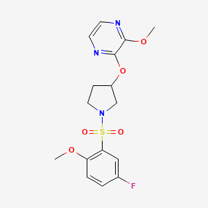 molecular formula C16H18FN3O5S B2363679 2-((1-((5-氟-2-甲氧基苯基)磺酰基)吡咯烷-3-基)氧基)-3-甲氧基吡嗪 CAS No. 2034579-80-9