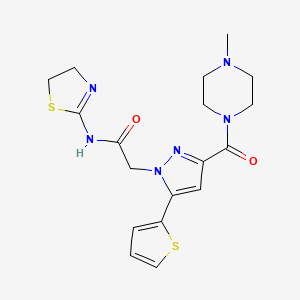 molecular formula C18H22N6O2S2 B2363795 N-(4,5-dihydrothiazol-2-yl)-2-(3-(4-methylpiperazine-1-carbonyl)-5-(thiophen-2-yl)-1H-pyrazol-1-yl)acetamide CAS No. 1170942-18-3