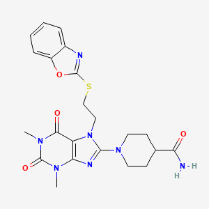 molecular formula C22H25N7O4S B2363807 1-(7-(2-(benzo[d]oxazol-2-ylthio)ethyl)-1,3-dimethyl-2,6-dioxo-2,3,6,7-tetrahydro-1H-purin-8-yl)piperidine-4-carboxamide CAS No. 673439-39-9