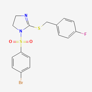 molecular formula C16H14BrFN2O2S2 B2363931 1-(4-Bromophenyl)sulfonyl-2-[(4-fluorophenyl)methylsulfanyl]-4,5-dihydroimidazole CAS No. 868216-86-8