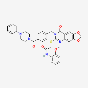 molecular formula C36H33N5O6S B2363951 N-(2-甲氧基苯基)-2-((8-氧代-7-(4-(4-苯基哌嗪-1-羰基)苄基)-7,8-二氢-[1,3]二噁杂环[4,5-g]喹唑啉-6-基)硫代)乙酰胺 CAS No. 689759-90-8