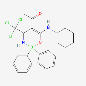 B2364002 1-[6-(Cyclohexylamino)-2,2-diphenyl-4-(trichloromethyl)-1-oxa-3-azonia-2-boranuidacyclohexa-3,5-dien-5-yl]ethanone CAS No. 2068818-75-5