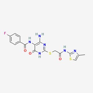 molecular formula C17H15FN6O3S2 B2364023 N-(4-氨基-2-((2-((4-甲基噻唑-2-基)氨基)-2-氧代乙基)硫代)-6-氧代-1,6-二氢嘧啶-5-基)-4-氟苯甲酰胺 CAS No. 888418-19-7
