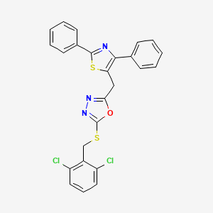 molecular formula C25H17Cl2N3OS2 B2364043 2-[(2,6-Dichlorophenyl)methylsulfanyl]-5-[(2,4-diphenyl-1,3-thiazol-5-yl)methyl]-1,3,4-oxadiazole CAS No. 338750-01-9