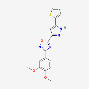 molecular formula C17H14N4O3S B2364119 3-(3,4-dimethoxyphenyl)-5-(3-(thiophen-2-yl)-1H-pyrazol-5-yl)-1,2,4-oxadiazole CAS No. 1106846-80-3