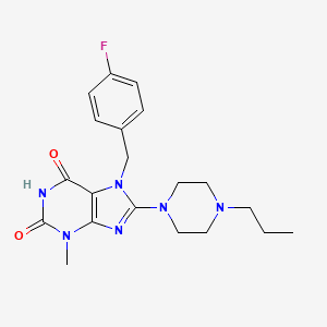 molecular formula C20H25FN6O2 B2364325 7-[(4-氟苯基)甲基]-3-甲基-8-(4-丙基哌嗪-1-基)嘧啶-2,6-二酮 CAS No. 887030-29-7