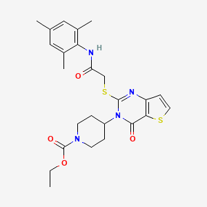 molecular formula C25H30N4O4S2 B2364369 ethyl 4-(2-((2-(mesitylamino)-2-oxoethyl)thio)-4-oxothieno[3,2-d]pyrimidin-3(4H)-yl)piperidine-1-carboxylate CAS No. 1798443-56-7